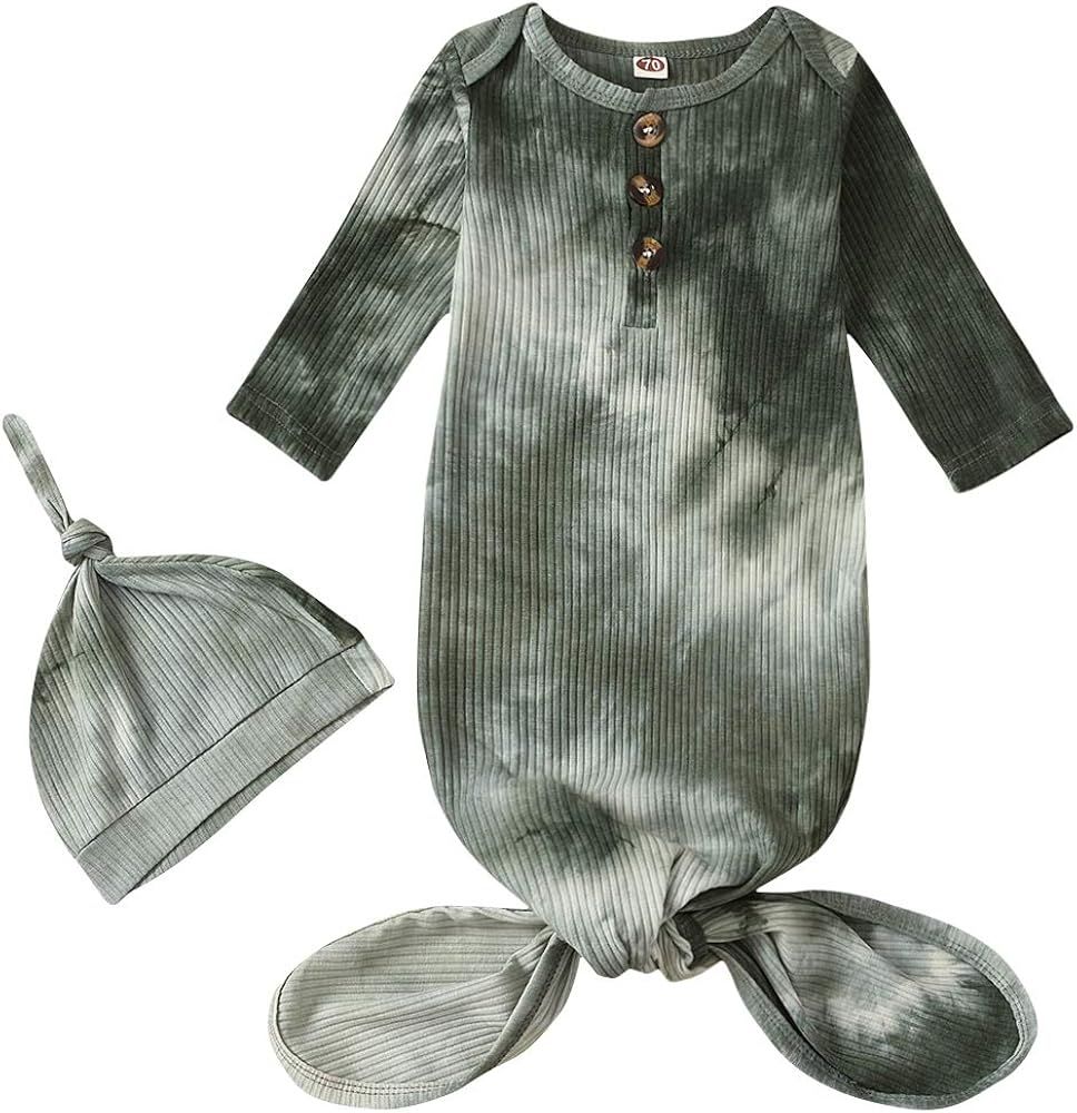 IDOPIP Newborn Baby Boy Girl Tie Dye Clothes Ribbed Gown Swaddle Wrap Knotted Sleepwear Sleeping ... | Amazon (US)
