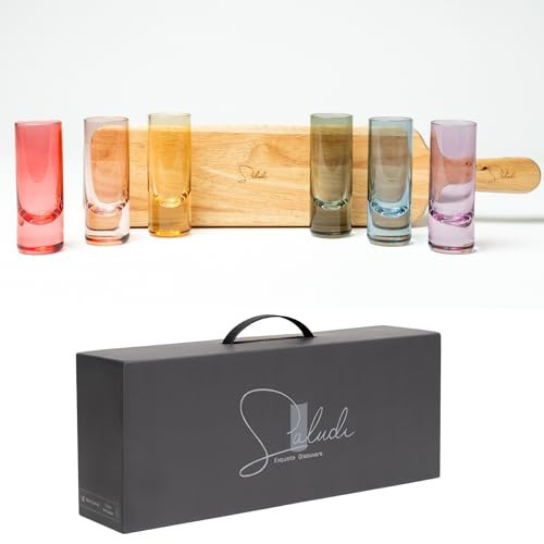 Saludi Colored Shot Glasses, 2oz (Set of 6) Multi-Color Glass with Wood Paddle - Luxury, Durable, Hand-Blown | Amazon (US)