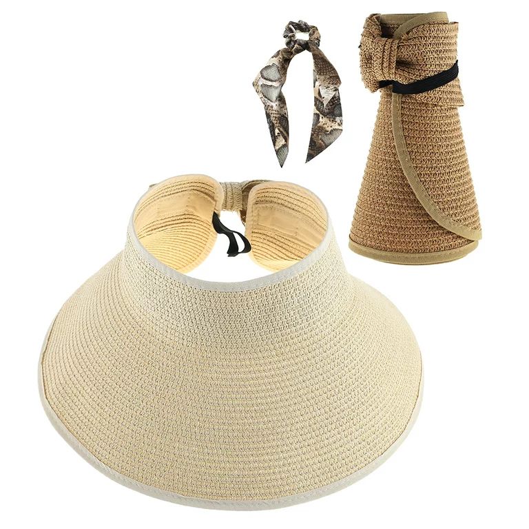 2 Packs Sun Visor Hats for Women Wide Brim Beach Hat Foldable Roll Up Summer Straw Sun Hats for V... | Walmart (US)