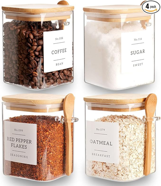 Set of 4 Square Glass Jar with Bamboo Lids and Spoons – Airtight 27 oz Borosilicate Glass Food ... | Amazon (US)