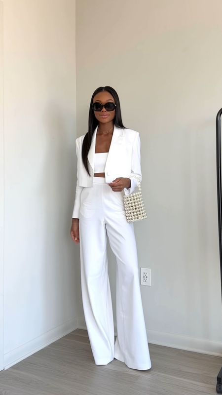 BCBG Max Azria outfit, Wide-leg trousers (size 0), White bandeau top (size 0), White cropped jacket (small), Loewe sunglasses, bachelorette outfit, brunch outfit, girl’s night outfit, workwear, Pearl bag, white pants for spring, white wide-leg pants 

#LTKworkwear #LTKwedding #LTKstyletip