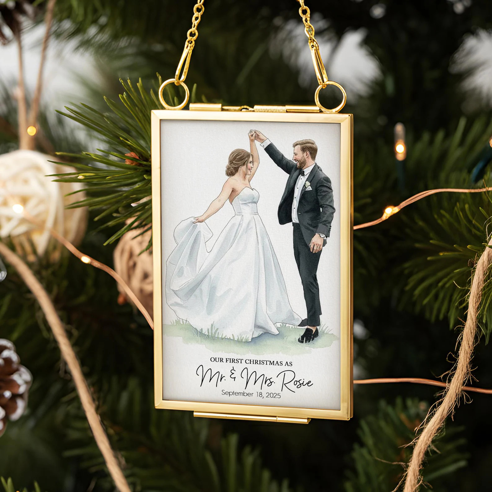 Personalized Watercolor Portrait Married Frame Ornament, 1st Christmas Wedding Photo Gifts for Ne... | Etsy (US)