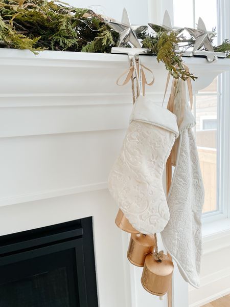 🎄Christmas Mantle 🎄- diy bells from Amazon, Rubnbuff for extra love and mixed stockings and garland 

#LTKhome #LTKHoliday #LTKstyletip