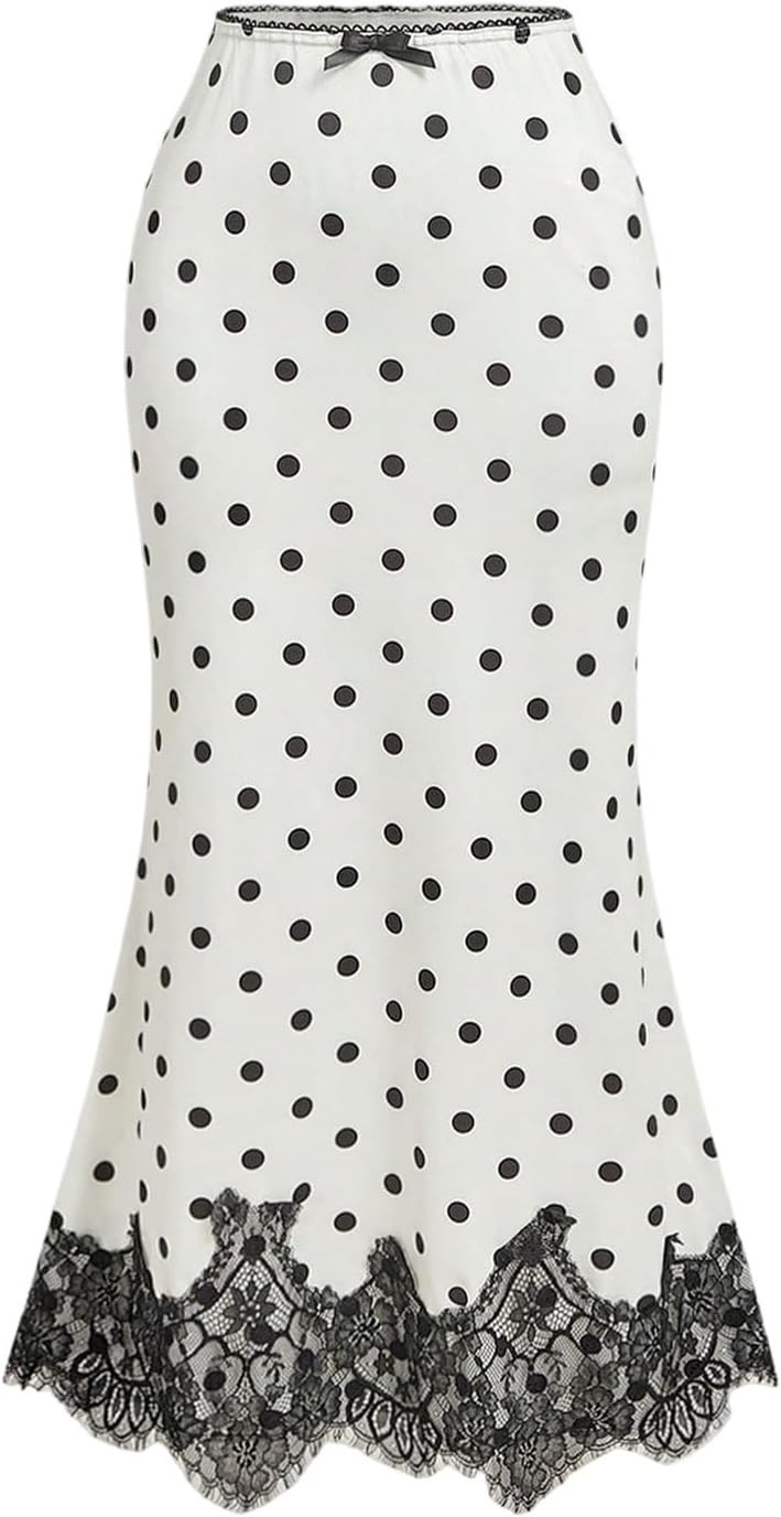 BEAUDRM Women's Polka Dots Bodycon Long Skirt Lace Fishtail Skirts | Amazon (US)