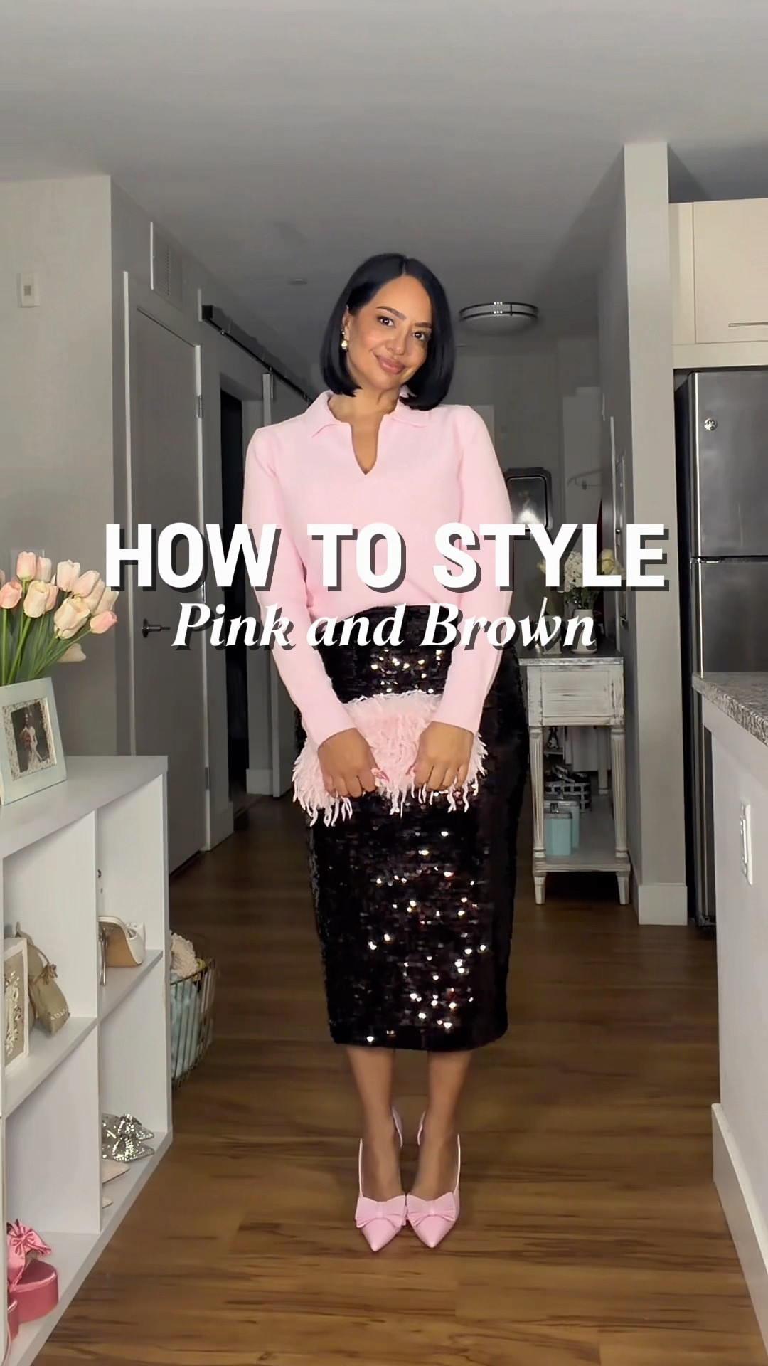 How to style a pink and brown outfit 🤎💕 The sequin midi skirt & sweater combo is a yes. 😍 

#LTKootd #LTKPetite #LTKOver40