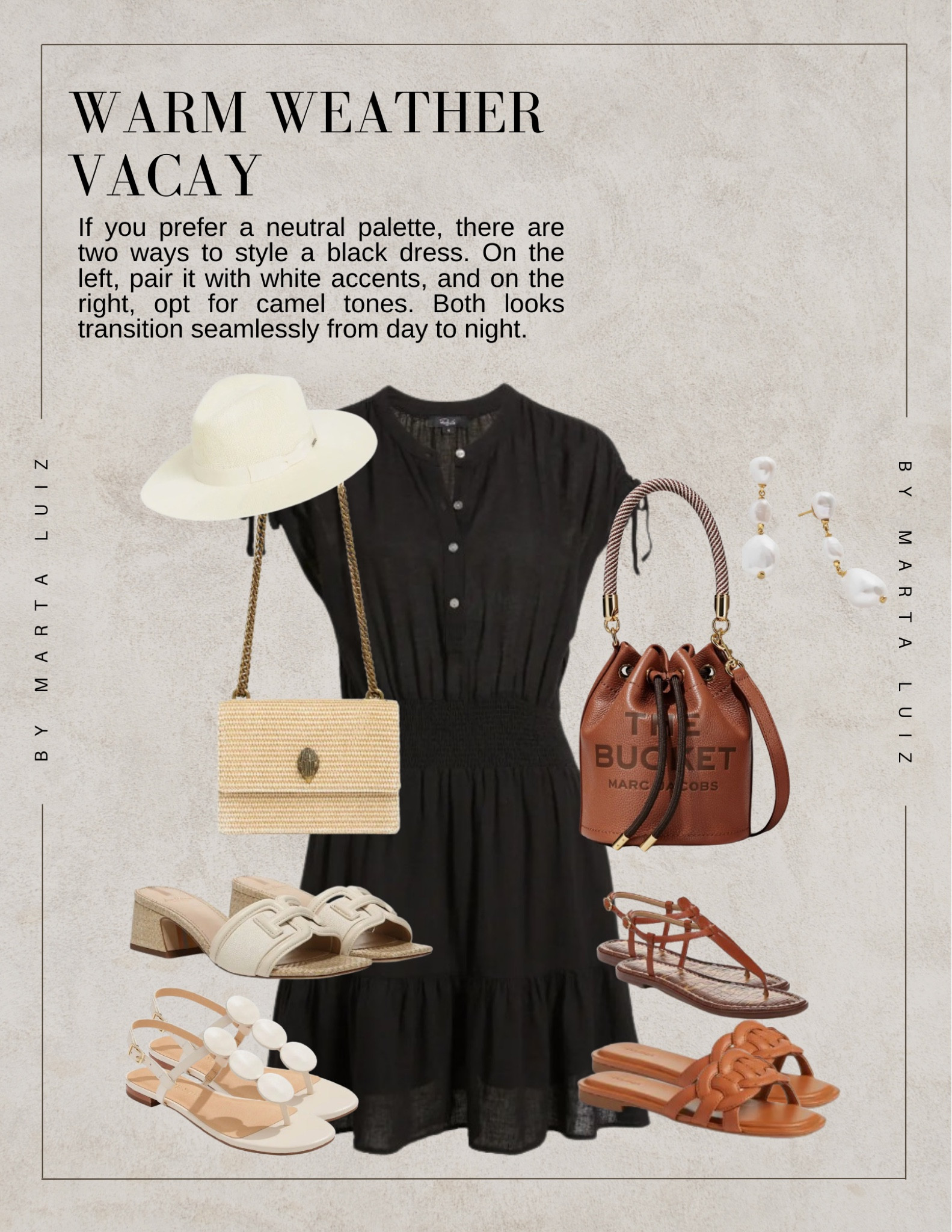 Tropical Vacation | Spring/Summer Outfit ideas | spring/summer dresses 

If you prefer a neutral palette, there are two ways to style a black dress. On the left, pair it with white accents, and on the right, opt for camel tones. Both looks transition seamlessly from day to night.

#LTKstyletip