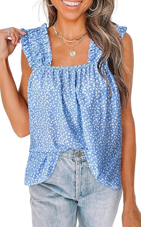 PRETTYGARDEN Boho Floral Tank Tops for Women, Shirred Straps Pleated Summer Casual Sleeveless Shi... | Amazon (US)