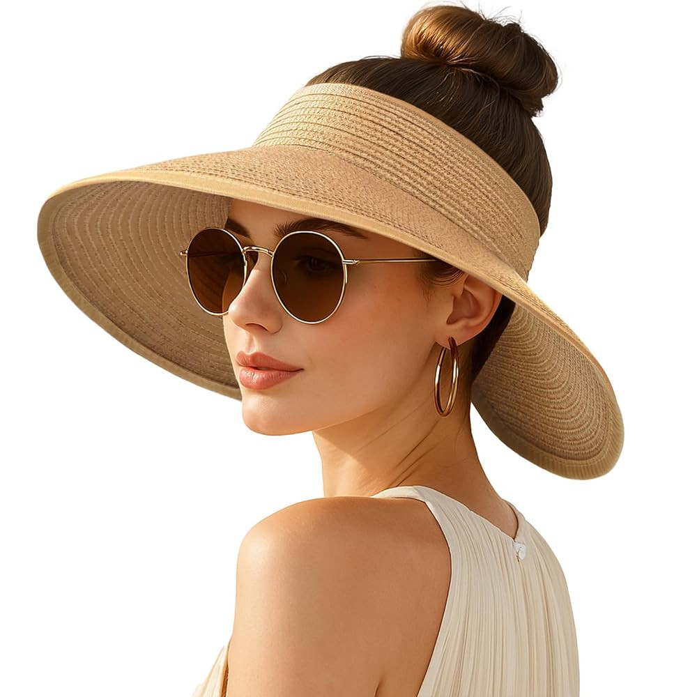Women's Sun Visor Hats Wide Brim Straw Beach Hat Ponytail Hats for Women Foldable Floppy | Amazon (US)