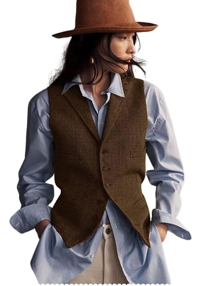 Womens Herringbone Tweed Waistcoat Lapel Sleeveless Blazers V Neck Work Office Suit Vests | Amazon (US)