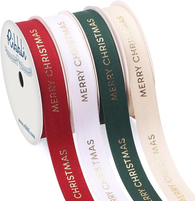 Ribbli Christmas Ribbon Twill Tape Cotton with Gold Merry Christmas Farmhouse Rinbbon Use for Gif... | Amazon (US)