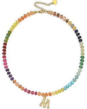 Colorful Beaded Initial Necklaces for Women Handmade Nature Gemstone with Bubble Letter Necklace ... | Amazon (US)