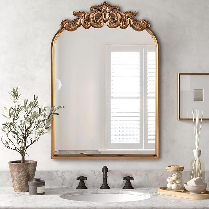Gold Traditional Arched Mirror, Antique Brass Mirror, Vintage Ornate Baroque Mirror, Carved Mante... | Amazon (US)