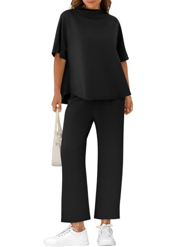 Yousify Women's Two Piece Sets 3/4 Batwing Sleeve Capelet Crew Neck Pullover Top Wide Leg Pants 2 Piece Lounge Set Travel Outfits | Amazon (US)