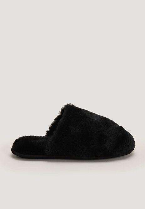 Womens Black Faux Fur Fluffy Mule Slippers | Peacocks