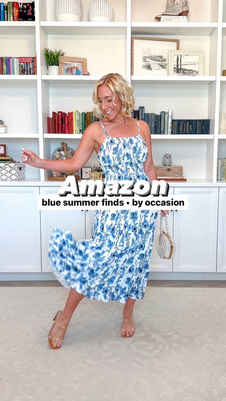 Amazon finds in all dishes of blue 💙🩵🤍 and perfect for summer! I’m wearing a small in all!
1. Off the shoulder dress (can be worn on the shoulder). Has silicone at the top and a side zipper. 
2. Halter style bodycon dress - side, zipper and draping in the back. Stretchy and comfortable with a modest slit.
3. Spaghetti strap maxi dress - adjustable straps, smocking all around the middle.
4. One shoulder swimsuit with bow - sewn in pads, grade coverage. 
Wedding guest dress, summer dresses, vacation dresses, swimsuit.

#LTKfindsunder50 #LTKSeasonal #LTKVideo