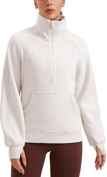 CRZ YOGA Womens Fleece Lined Sweatshirts Half Zip Funnel Neck Pullover Long Sleeve Hip Oversized Hoodies with Thumb Holes | Amazon (US)
