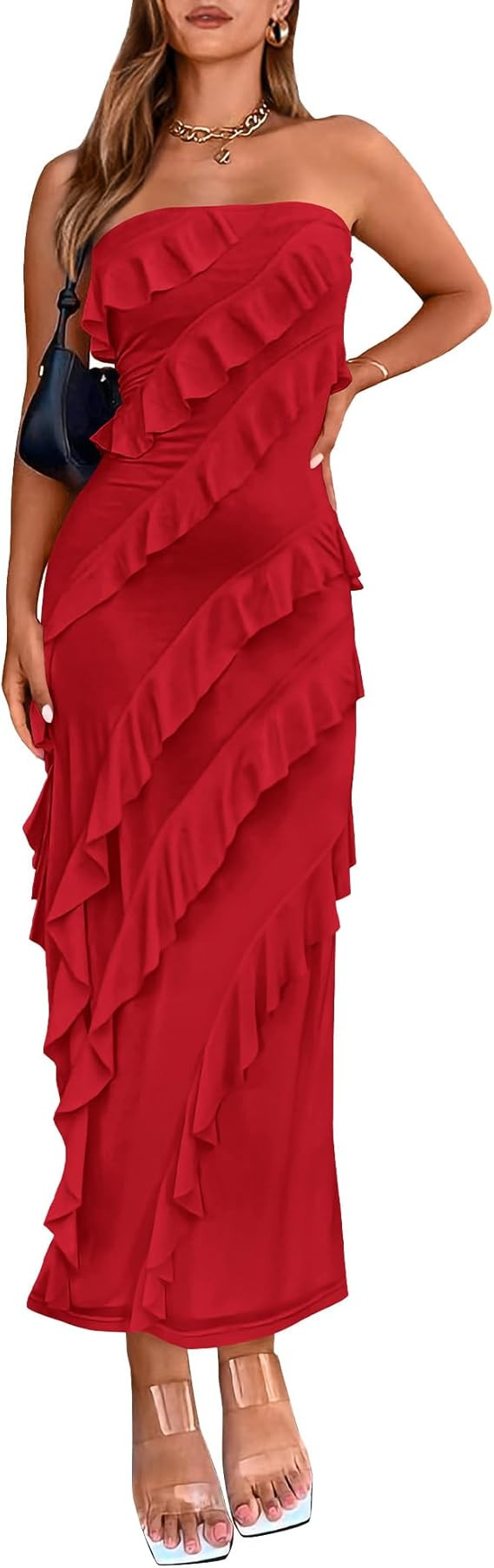 BTFBM Women Summer Elegant Strapless Midi Ruched Bodycon Dress Solid Color Stretch Mesh Slim Part... | Amazon (US)