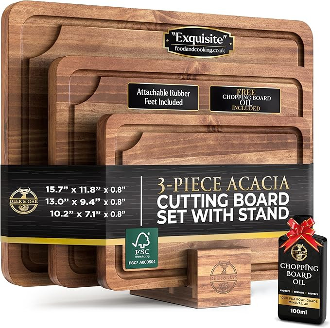 Pre-Oiled, Non Toxic 3-Piece Acacia Cutting Board Set with Stand, FSC Certified Wooden Chopping B... | Amazon (US)