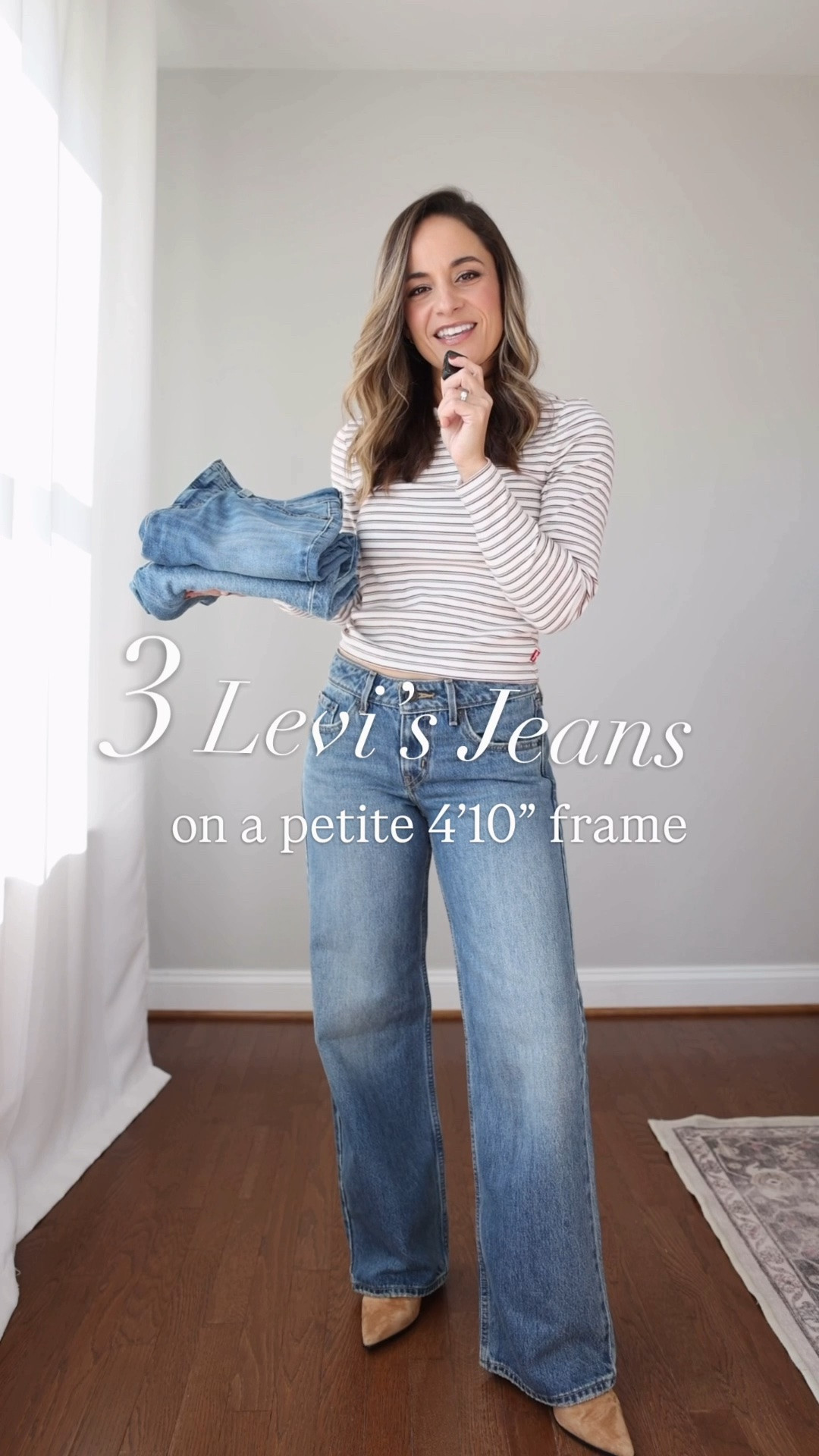 Three pairs of jeans from @levis and how they fit me at 4’10” without any alterations! #LevisLTKPartner 

Low Loose Jeans in Rescued City Wash: 24 x 30” 

30” inseam 9 ⅛” rise  I’m wearing with a heel. (True to size, no stretch denim) 

501 ‘90s Ankle Jeans in Sweetest Taboo Wash: 23 x 27”

27” inseam 9.5” rise  (size down, no stretch denim)

725 Kick Boot Jeans in Power Move: 25 

27” inseam 10 ¼” rise  (size up, stretch denim)

Top: xs