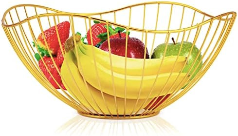 Metal Wire Fruit Basket, Gold Fruit Bowl for Kitchen Counter, Fruit Holder Stand Storage Baskets ... | Amazon (US)