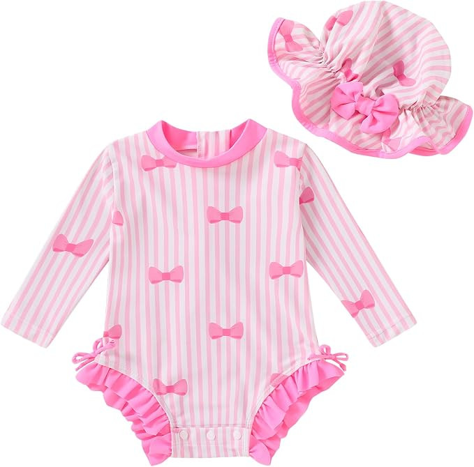 Infant Baby Swimsuit Girl Long Sleeve UPF 50+ Sun Protection One-Piece Rash Guard with Hat Zipper... | Amazon (US)
