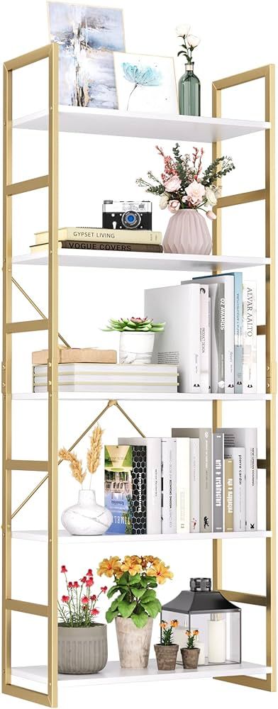 finetones 5 Tier Bookshelf, Industrial Gold Bookcase with Metal Frame, Modern Display Shelves Pla... | Amazon (US)