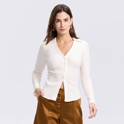 Women's Long Sleeve Button-Down Knit Top - A New Day™ Sour Cream L | Target