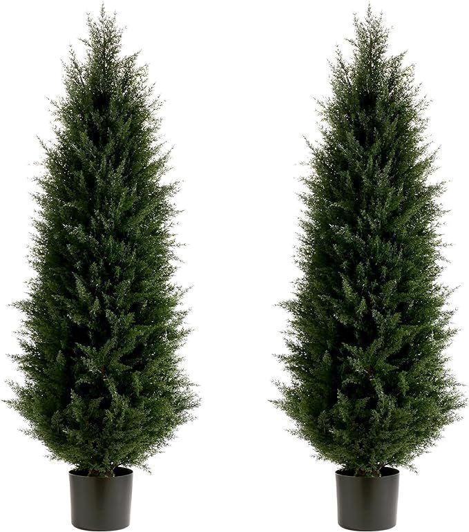 Artificial Topiary Tree Set of 2 Artificial Cedar Trees 4FT Uv-Proof Potted Plants Decorate Outdo... | Amazon (US)