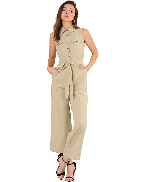 Allegra K Women's Wide Leg Jumpsuit 2024 Sleeveless Collared Tie Waist Coverall Button Down Cargo... | Amazon (US)