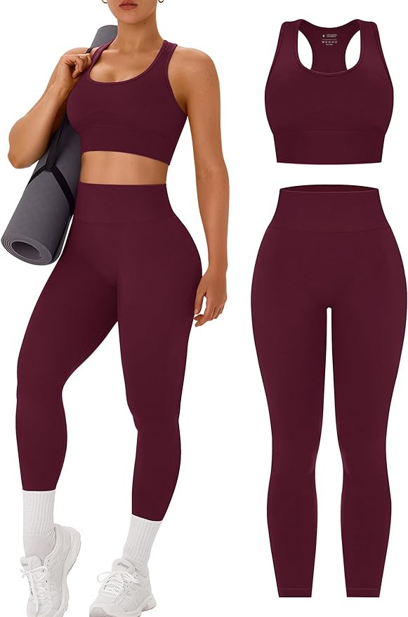 Womens Workout Sets 2 Piece Racerback Sports Bra High Waist Leggings | Amazon (US)