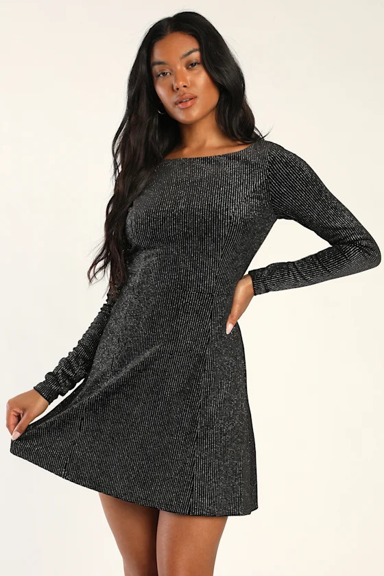 Chic Sparkles Black and Shiny Silver Long Sleeve Cutout Dress | Lulus (US)