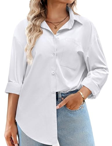 IN'VOLAND Womens Plus Size White Button Down Shirt Long Sleeve Blouse Business Casual V-Neck Shirts Tops | Amazon (US)