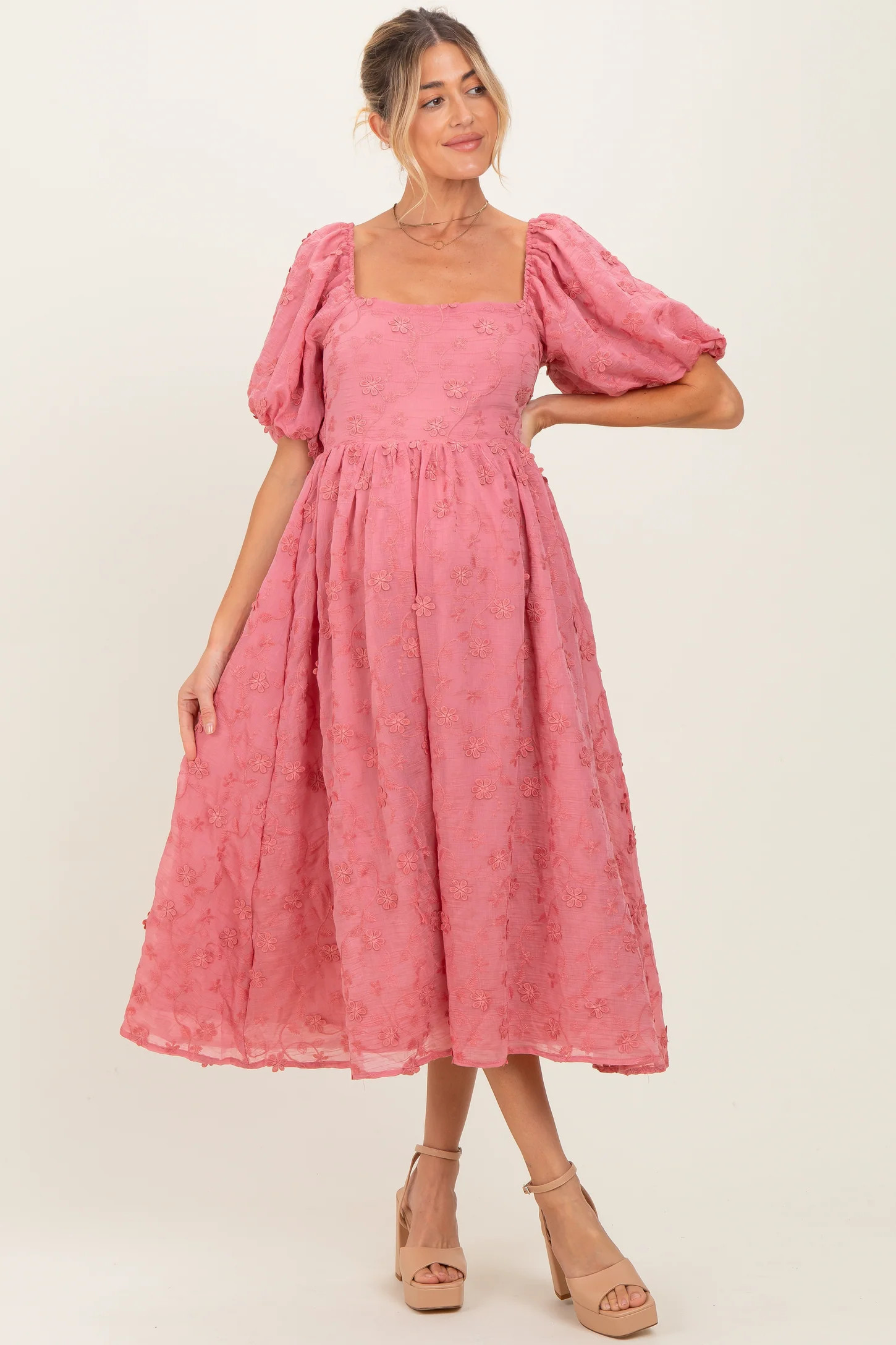 Mauve Embroidered Floral Puff Sleeve Maternity Midi Dress | PinkBlush Maternity