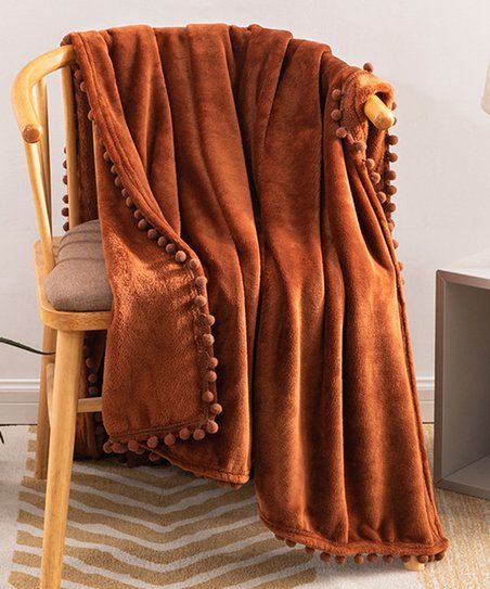 Brown Pom-Pom Trim Velvet Throw | Zulily