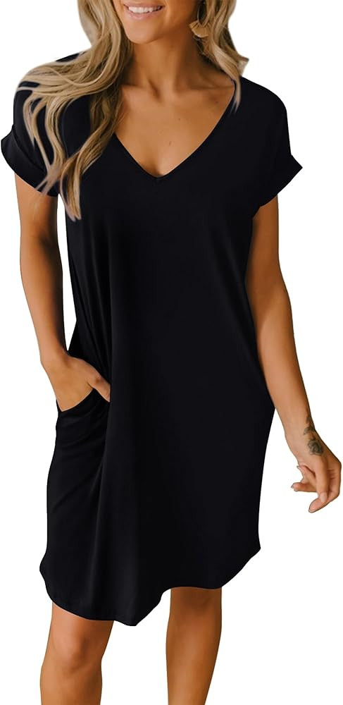 BTFBM Women V Neck Short Sleeve Summer Dresses 2025 Spring Casual Loose Tunic Short T-Shirt Dress... | Amazon (US)