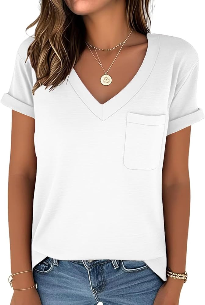 Womens Summer Tops V Neck T Shirts Outfits Loose Fit Shirts Workout 2025 Trendy Flowy Women Tunic... | Amazon (US)