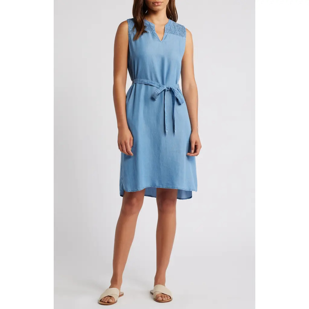beachlunchlounge Riri Smocked Yoke Tie Waist Sleeveless Chambray Dress in Medium Wash at Nordstrom, Size X-Small | Nordstrom