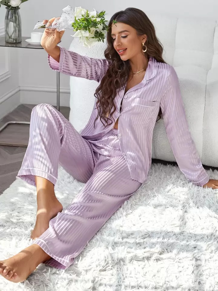 Striped Pocket Front Contrast Piping Satin PJ Set | SHEIN