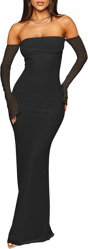 Caracilia Womens Bodycon Off Shoulder Maxi Dresses Long Sleeve Mesh Ruched Sexy Cocktail Party Cl... | Amazon (US)