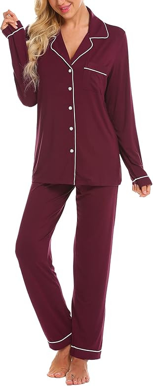 Ekouaer Women's Pyjama Set Long Sleeve Pyjamas with Button Placket Sleepwear Winter Two-Piece Long T | Amazon (DE)