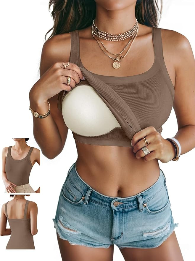 Ninee Women's Tank Top with Built in Bra Ribbed Camisole Summer Scoop Neck Basic Cami Tanks | Amazon (US)