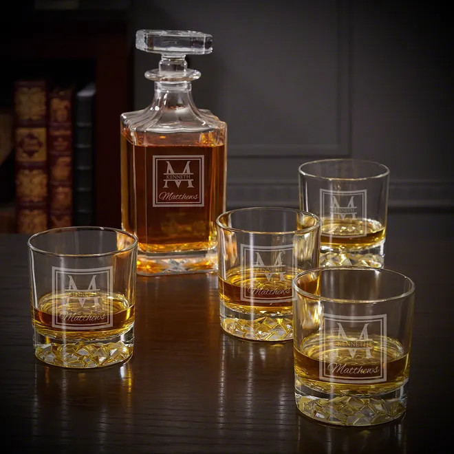 Personalized Decanter and Glasses Set - 4 Glacier Bottom Glasses | HomeWetBar.com