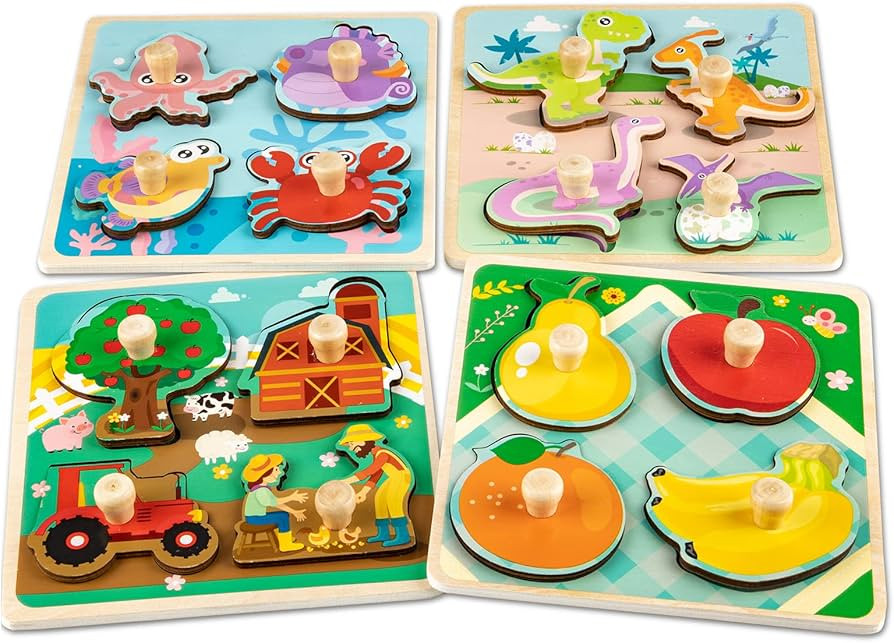 Wooden Toddler Puzzles, Funsland Peg Puzzles Gifts Toys, 4 Pcs Eco Friendly Animal Patterns Jigsa... | Amazon (US)