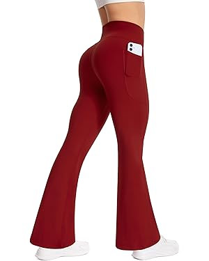 BELYQLY Women's High Waist Yoga Pants, with Side Pockets Flared Leggings, Workout Bell Bottoms | Amazon (US)