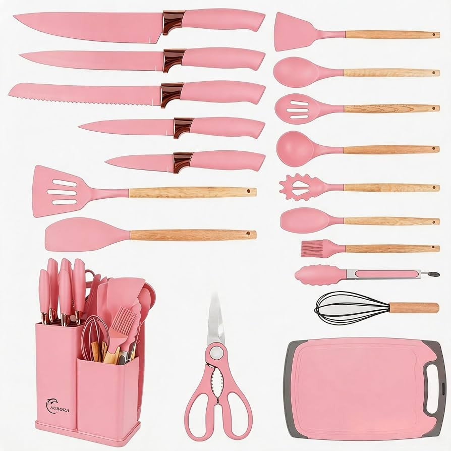 19 Piece Kitchen Utensil Set with Knife Set & Holder, Silicone Cooking Utensil Set with Wooden Ha... | Amazon (US)