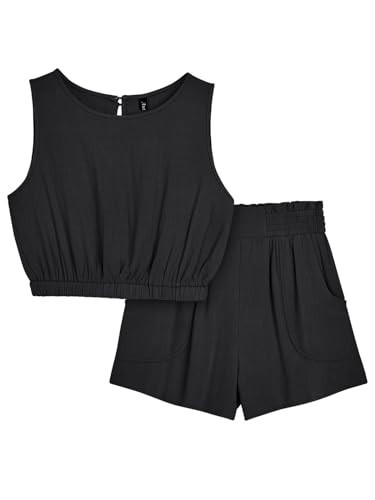 AUTOMET Linen Clothes Vacation Summer 2 Piece Outfits Two Piece Sets Sleeveless Round Neck Crop Top Tank And High Waisted Shorts with Pockets Black S | Amazon (US)