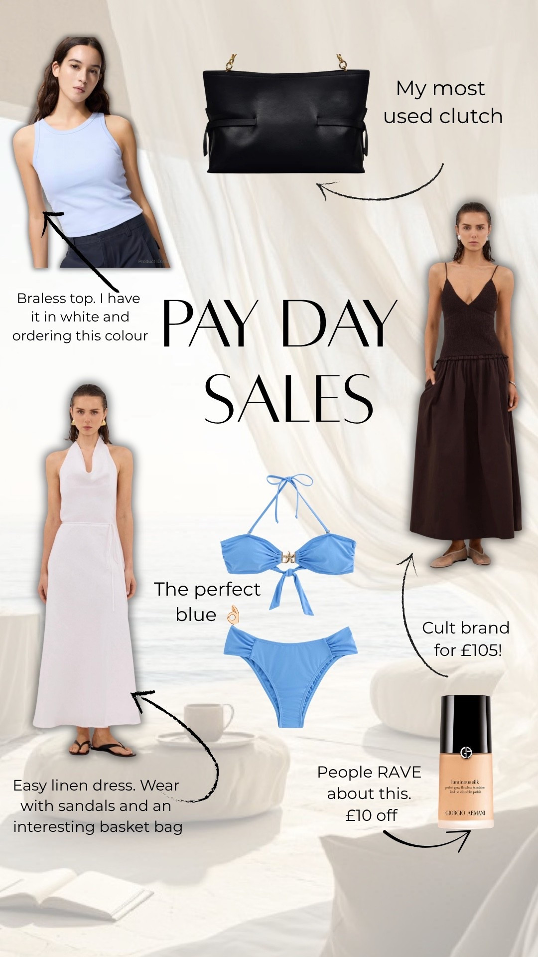 Brown linen dress, white linen dress, blue bikini, holiday outfit, Ibiza outfit, leather clutch bag, sale alert, cult foundation, Armani silk foundation sale.

#LTKsummer #LTKdresses #LTKsale