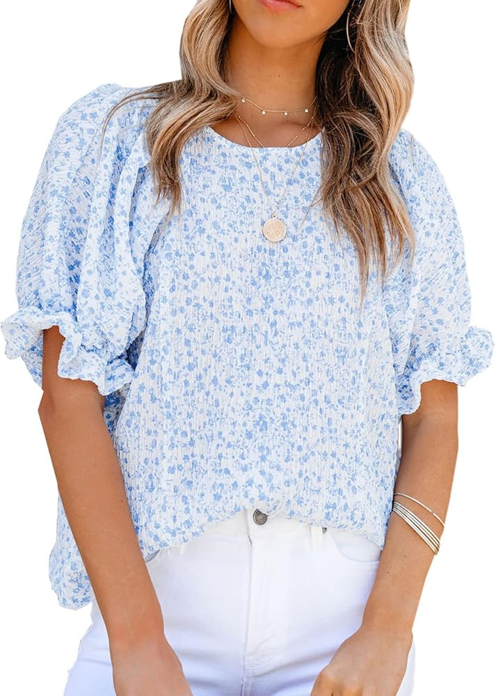 Dokotoo Floral Print Blouses for Women Crewneck Smocked Puff Sleeve Shirts Casual Babydoll Tops | Amazon (US)