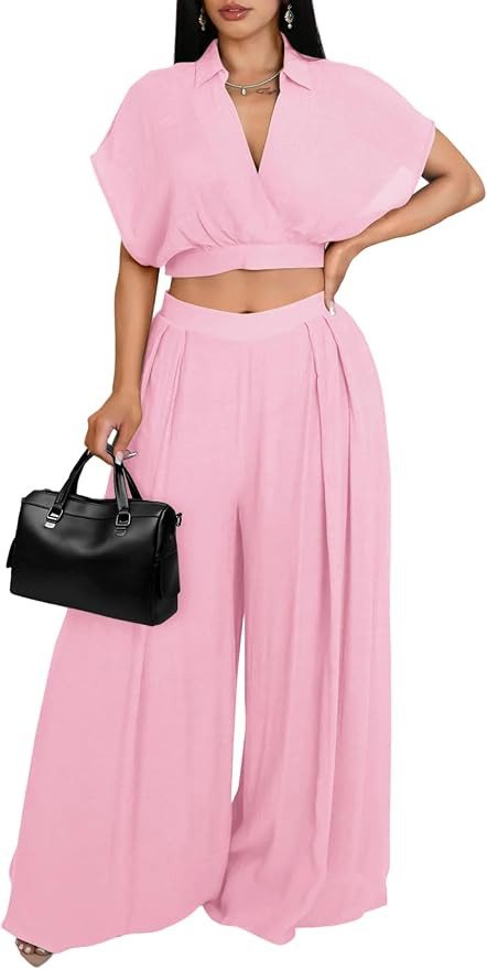 Women Two Piece Outfit V Neck Crop Top Batwing Sleeve Flowy Wide Leg Pants Set Summer Vacation Tr... | Amazon (US)
