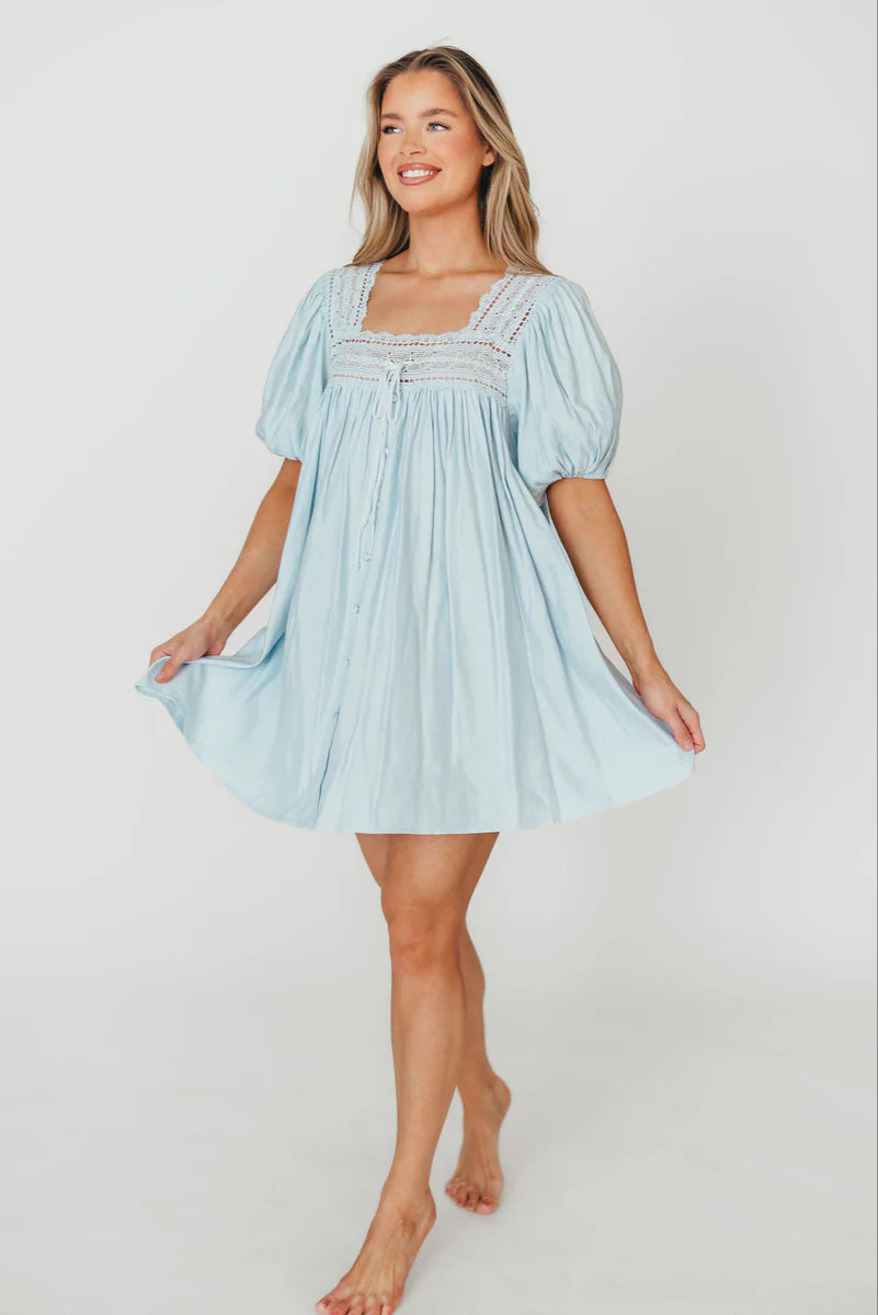 Dottie Lace Trim Linen-Blend Mini Dress in Light Blue | Worth Collective